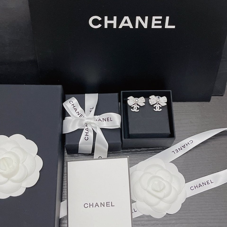 Chanel Crystal Cc Bow Drop Earrings Silver view 2