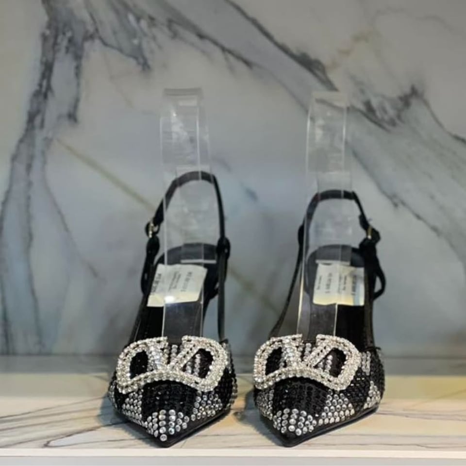 Valentino Vlogo Signature Back Strap Crystal High Heels Black view 3