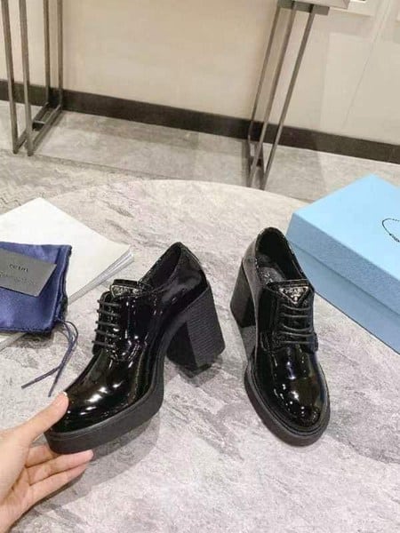 Prada Heeled Brushed Leather Lace-Ups Shiny Black view 3