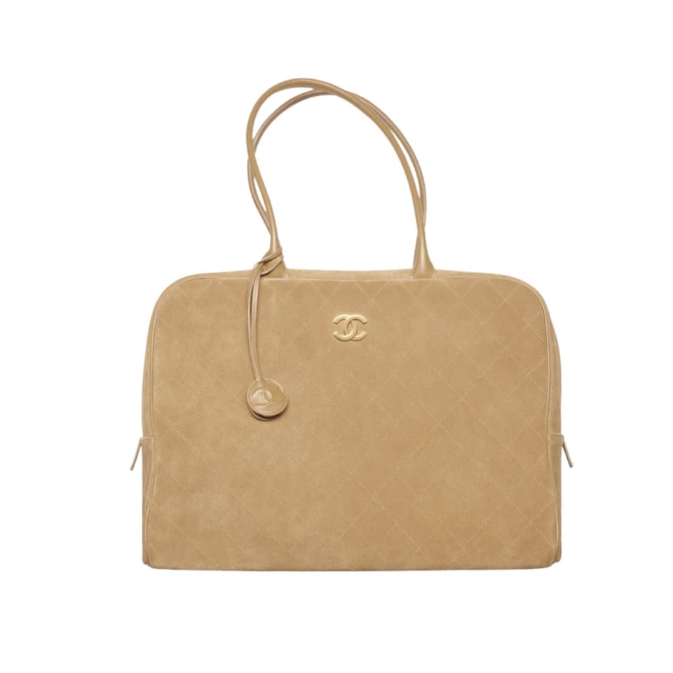 Chanel Maxi Bowling Bag Calfskin Suede, Calfskin Leather &amp; Gold-tone Metal Dark Beige 42cm/16.5in AS6212