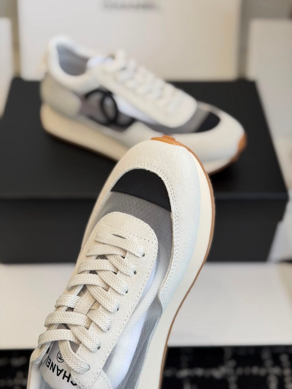 Chanel Mesh Suede Calfskin Sneakers with Black CC Logo Light Grey White &amp; Black G38290 view 6