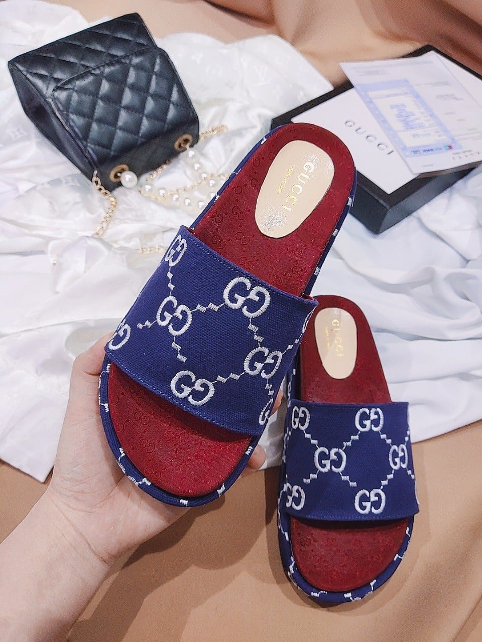 Gucci Women?S With Gg Pattern Slide Sandal Dark Blue view 5