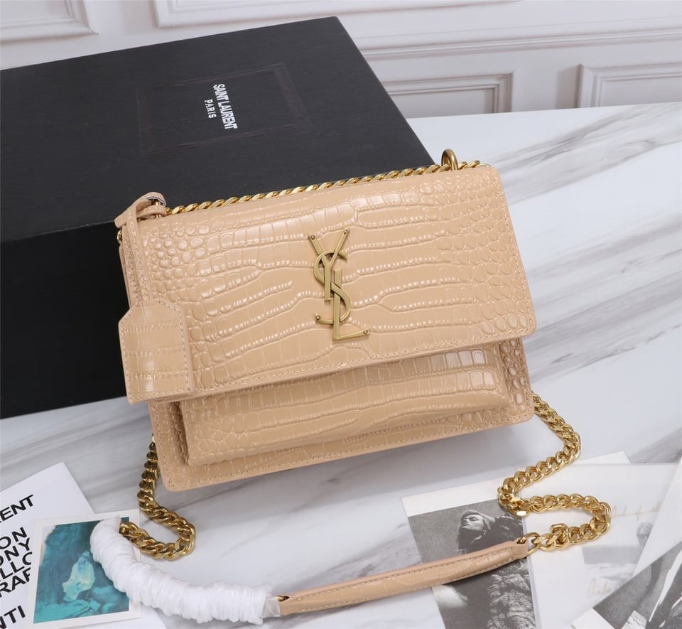 Saint Laurent Sunset Medium Chain Bag In Crocodile Embossed Shiny Apricot 22Cm view 11