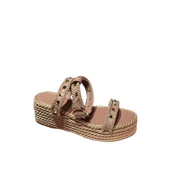 Valentino Garavani Rockstud Leather Wedge Sandals Beige view 2