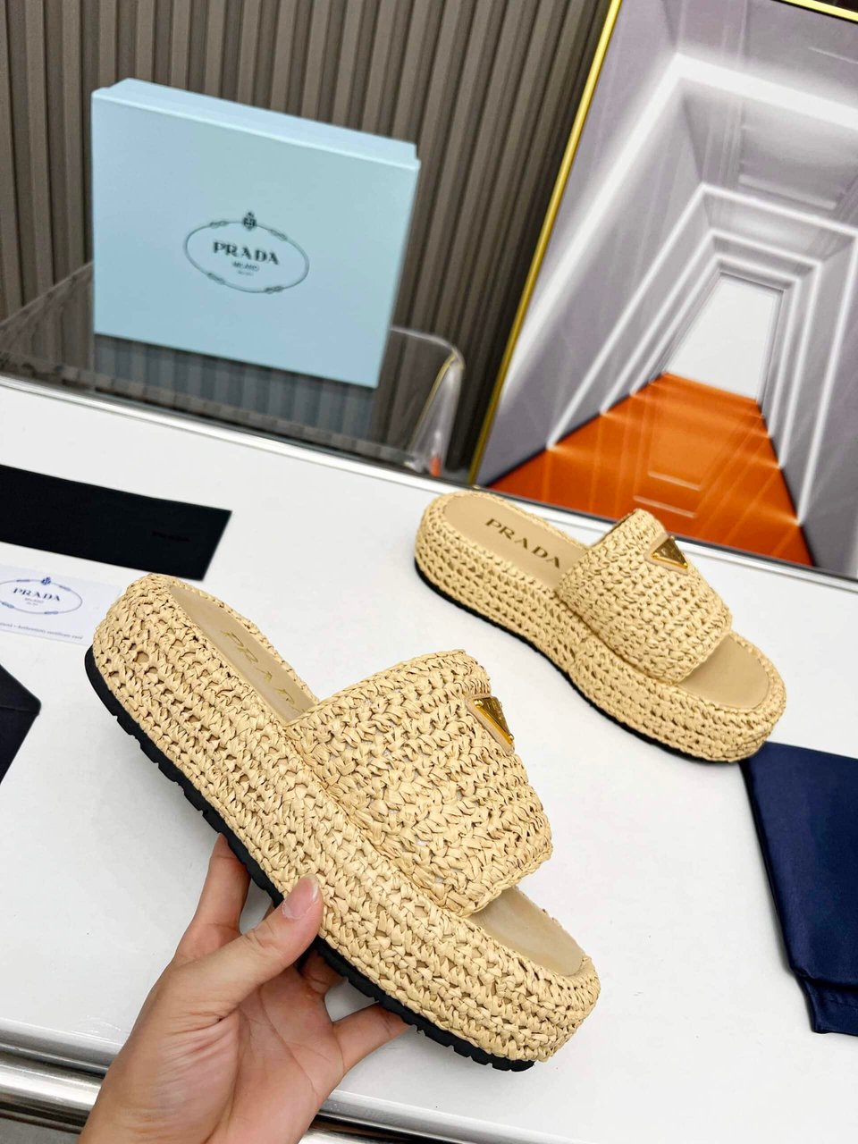 Prada Natural Crochet Platform Slides view 6