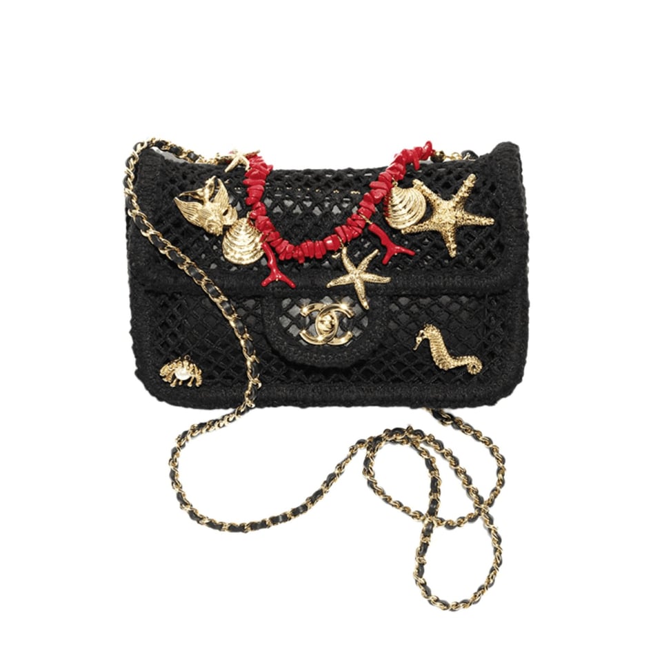 Chanel Small Flap Bag Mesh, Charms &amp; Gold-Tone Metal 21cm/8.3in Black AS6156