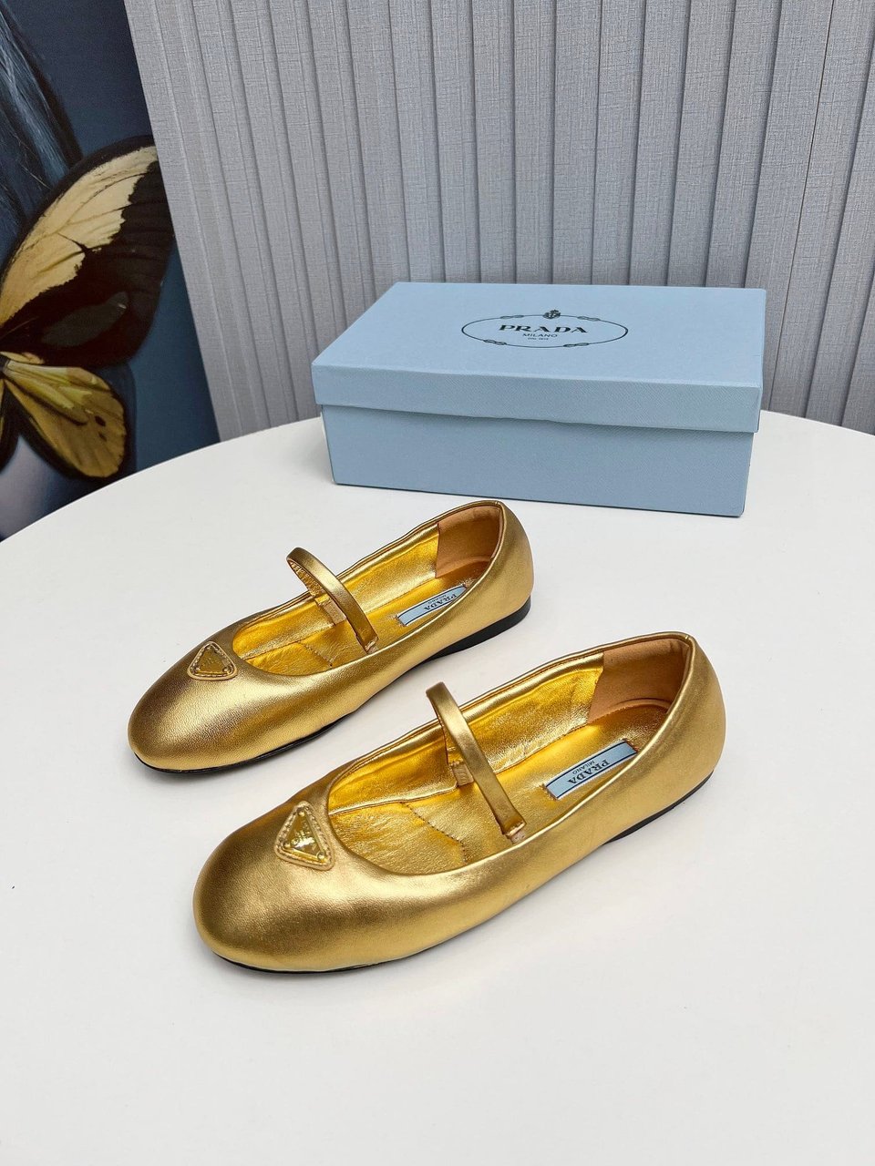 Prada Soft Padded Nappa Leather Ballerinas Gold view 10