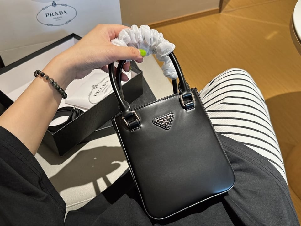 Prada Logo Embellished Leather Cross Body Bag Black 15Cm view 8