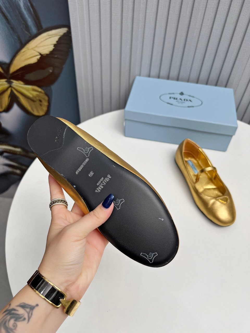 Prada Soft Padded Nappa Leather Ballerinas Gold view 3