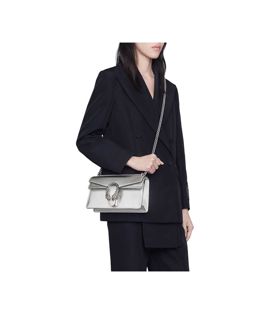 Gucci Dionysus Small Shoulder Bag in Silver Lame Leather view 3