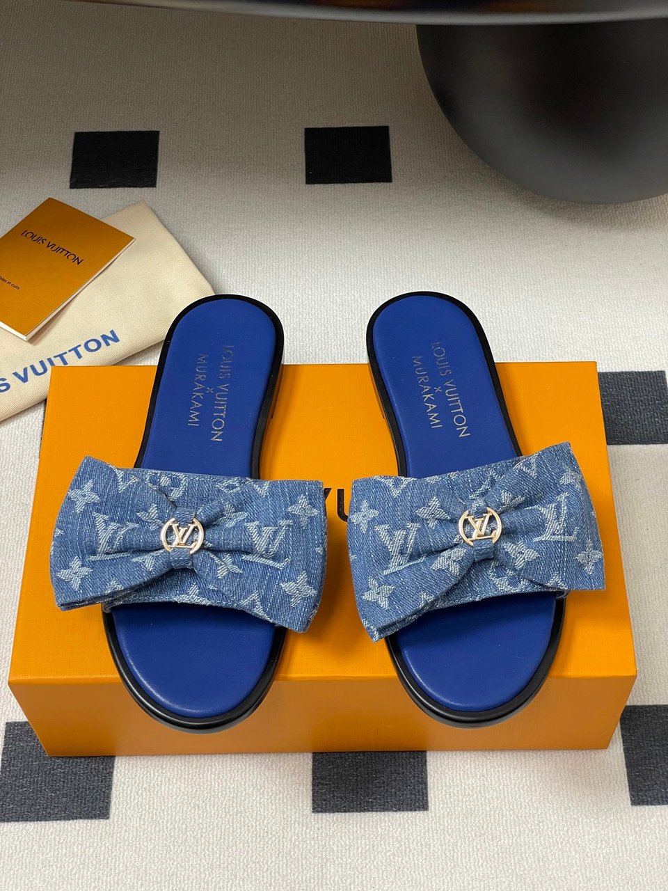 Louis Vuitton x Takashi Murakami Lily Flat Mule Bow Slide Sandals Blue Canvas 1AGVYA view 9