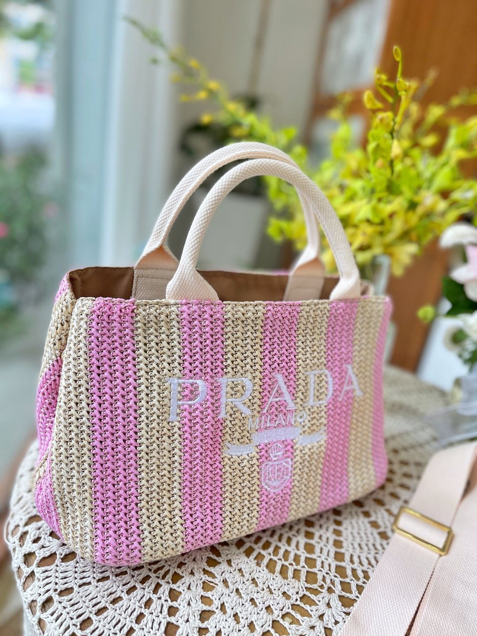 Prada Raffia Tote Bag Tan And Pink view 4