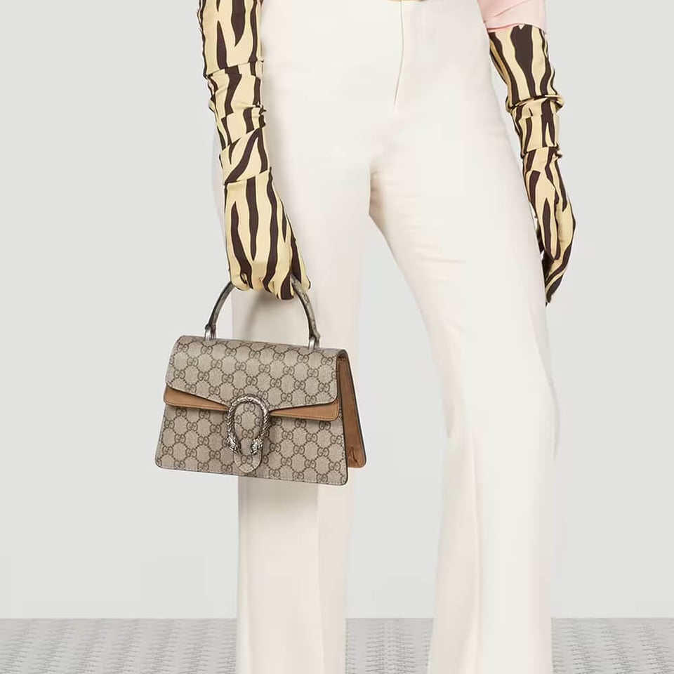 Gucci Small Dionysus Top Handle Bag Taupe Suede Trim view 4