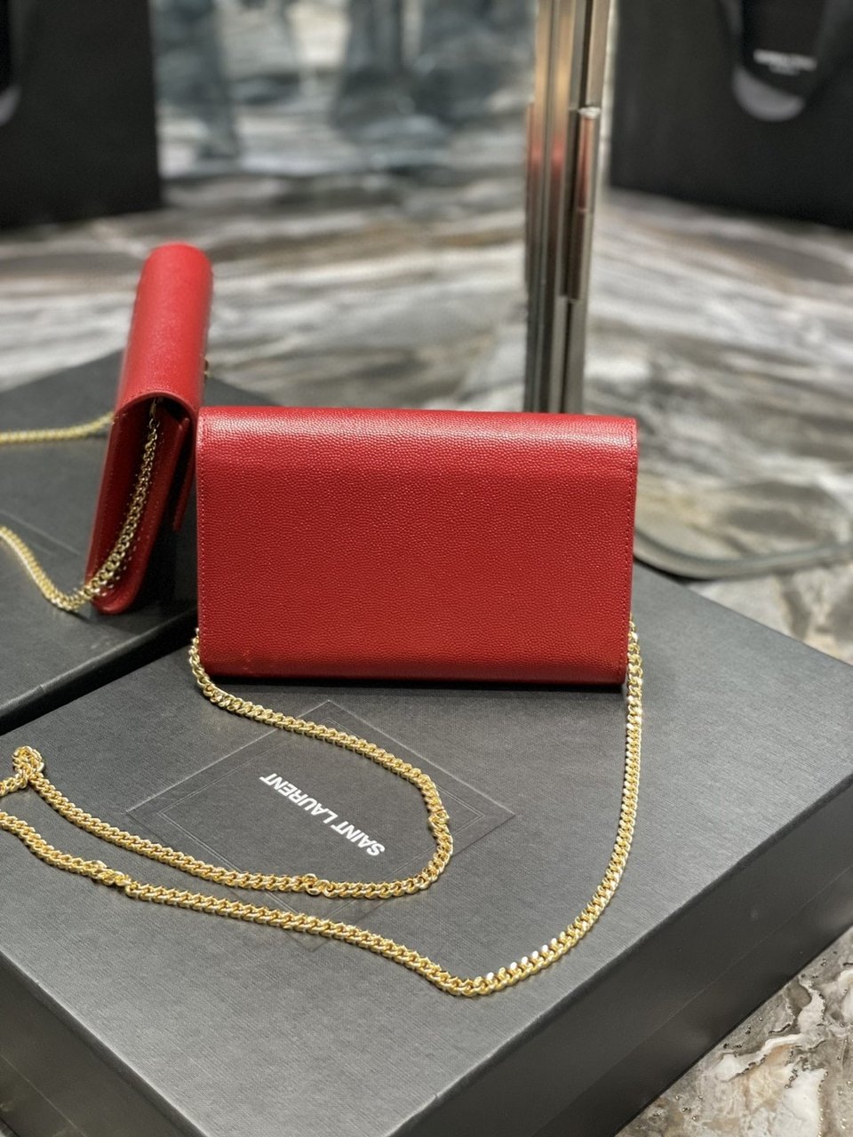 Saint Laurent Uptown Chain Wallet In Grain De Poudre Embossed Leather Red 19Cm view 4
