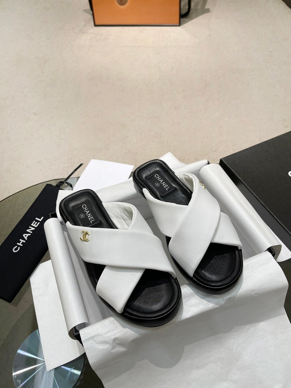 Chanel Cc Logo Criss Cross Slides White view 8