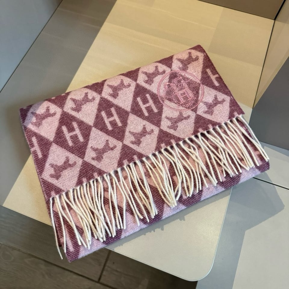 Hermes Diamond H Cashmere Scarf Burgundy For Women 180cm view 6