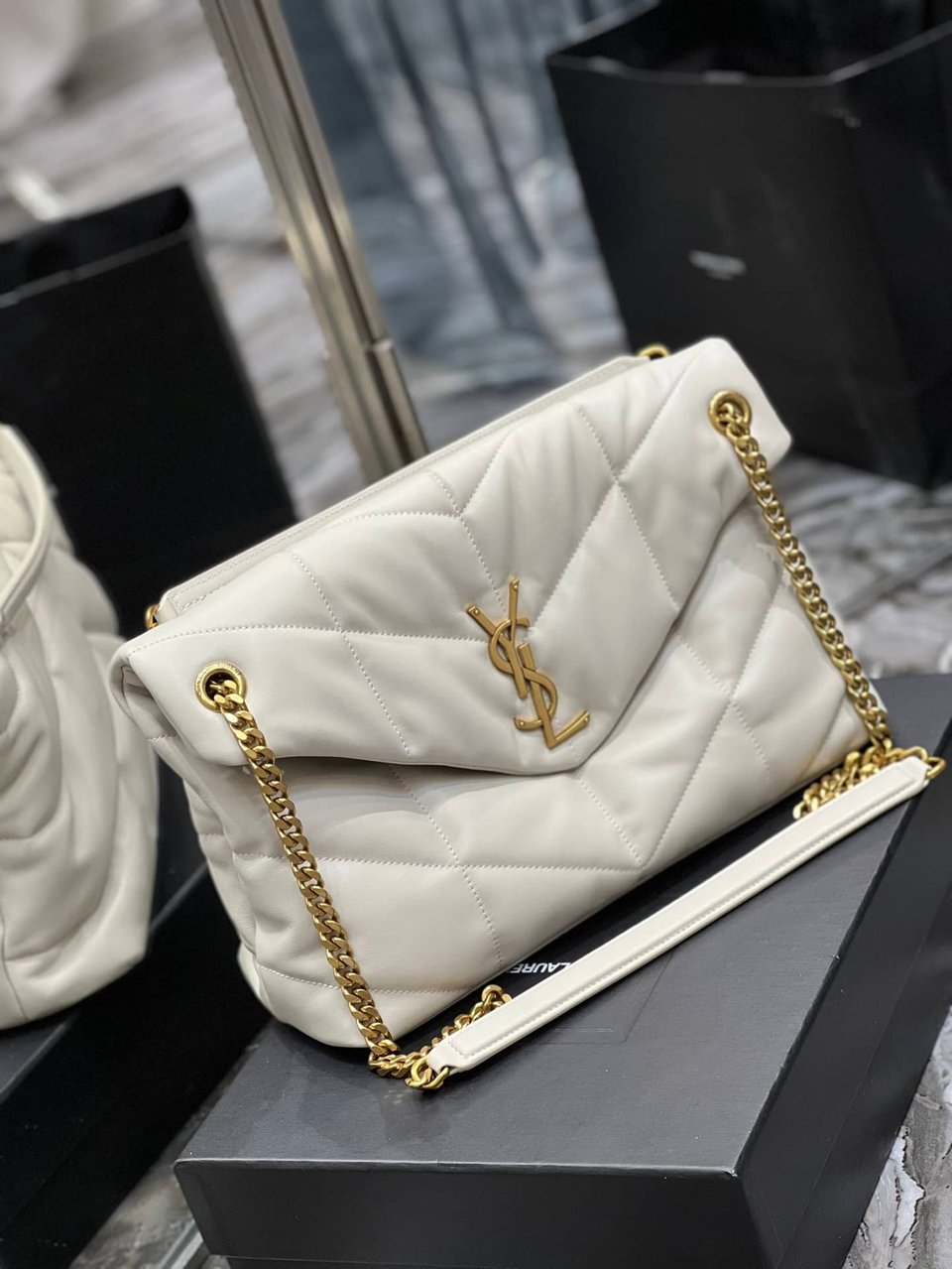Saint Laurent Puffer Medium Chain Bag In Quilted Blanc Vintage view 5