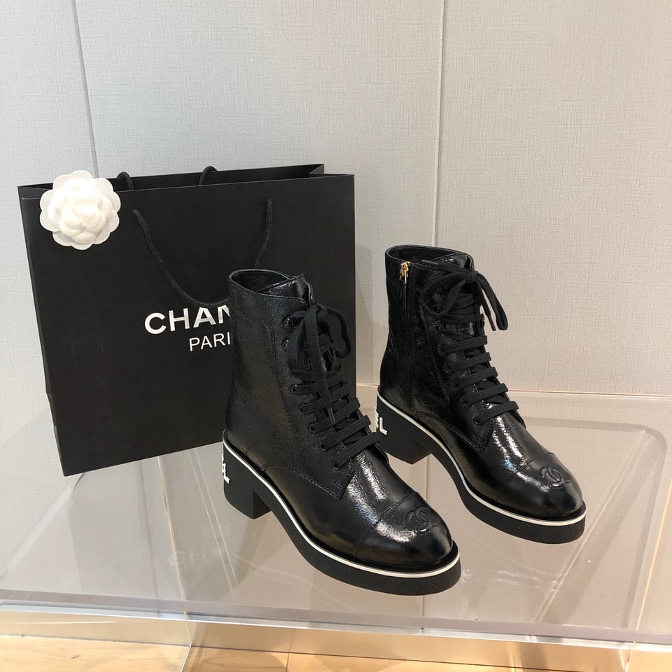 Chanel White Logo Crinkled Leather Combat Boots For Women view 10