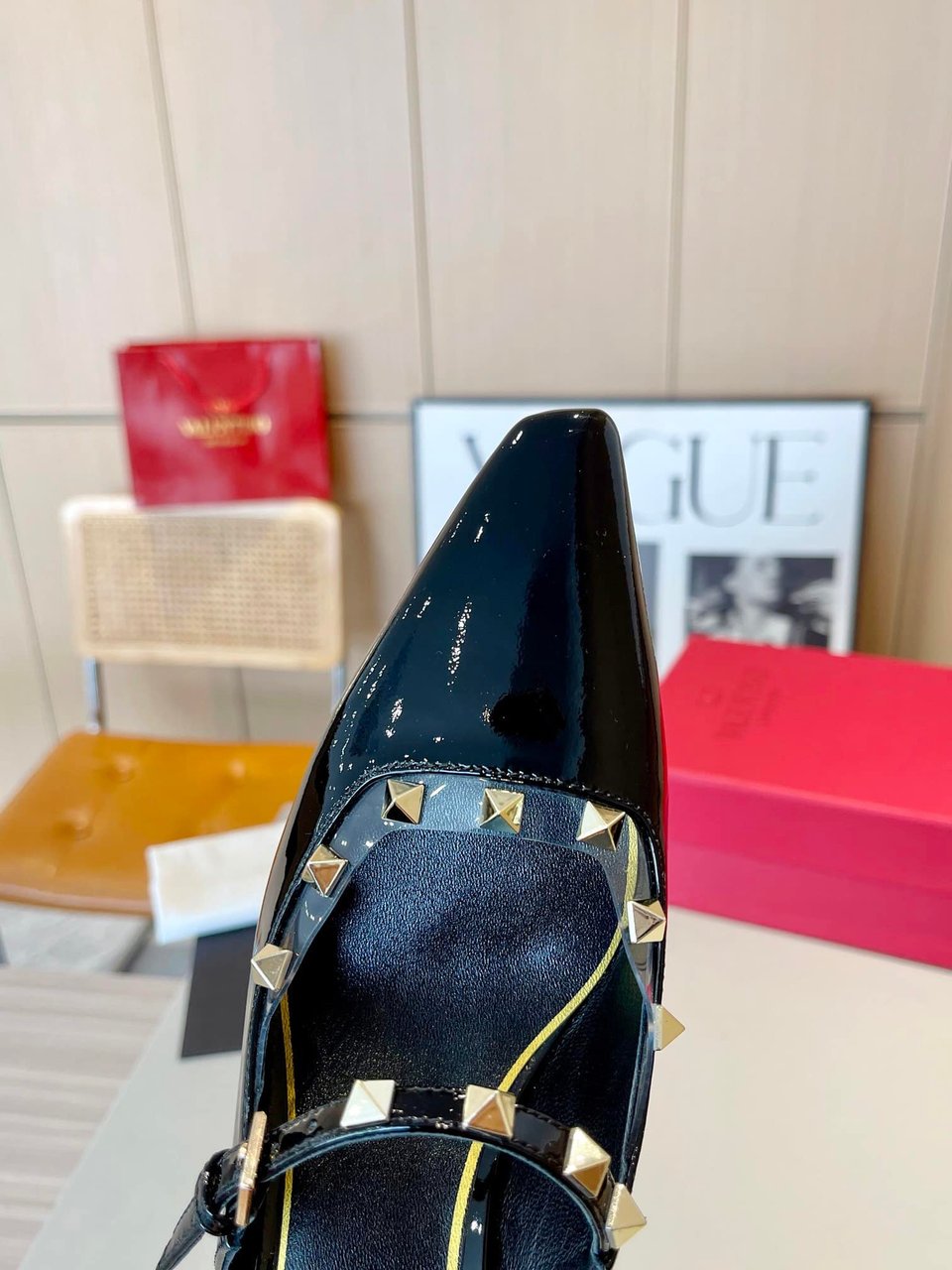 Valentino Garavani Rockstud Asymmetric Patent Leather Mules Black view 4