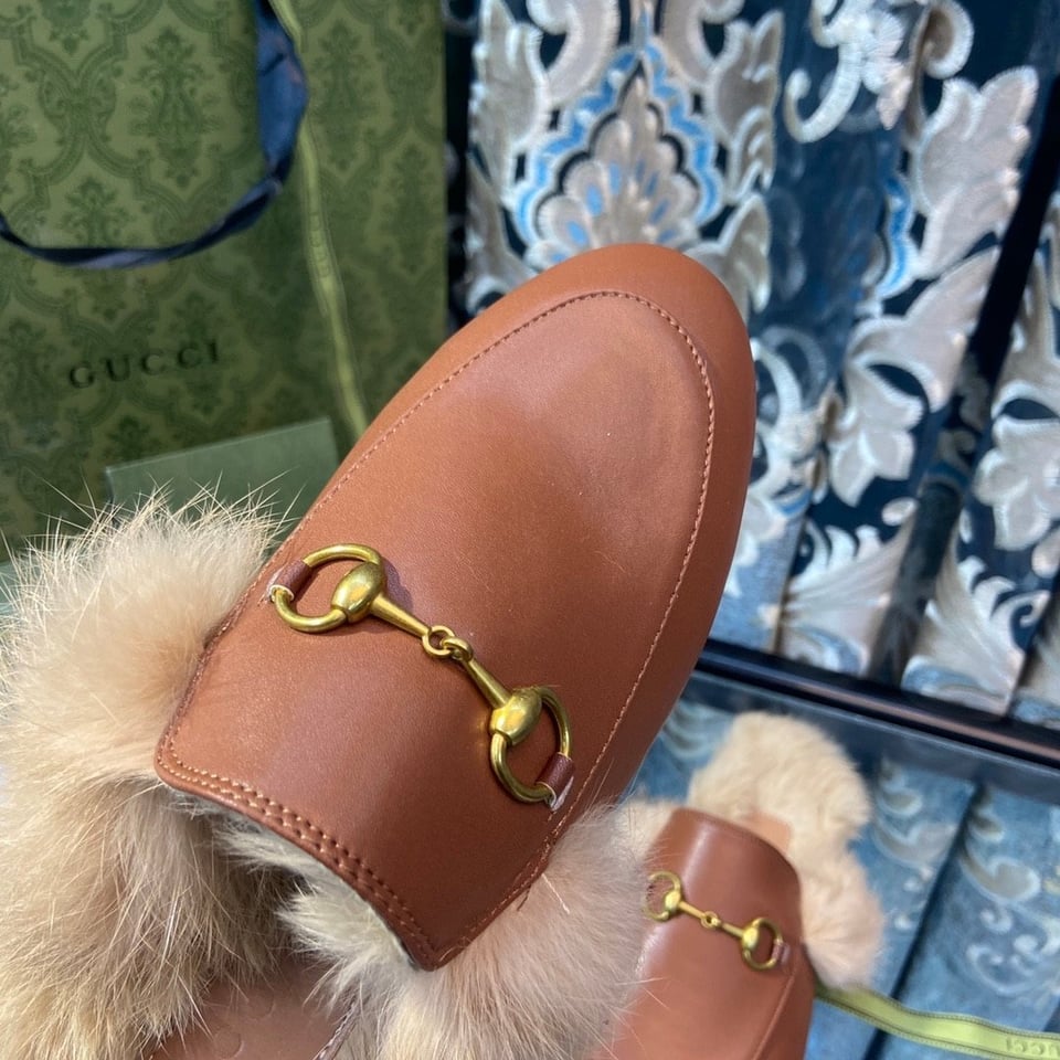 Gucci Princetown Furlined Leather Slippers In Brown view 6