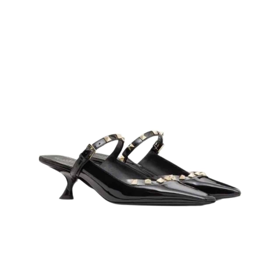 Valentino Garavani Rockstud Asymmetric Patent Leather Mules Black view 2