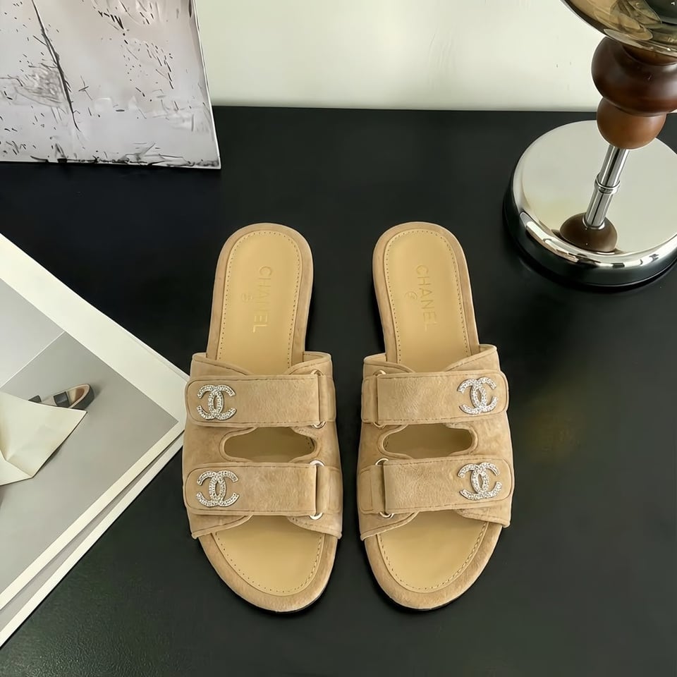 Chanel Suede Calfskin Crystal CC Double Strap Mules Beige Suede G38689 view 3