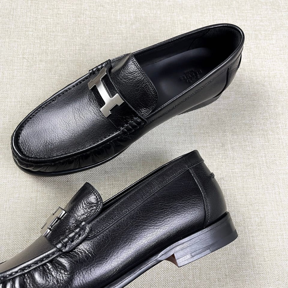 Hermès Iconic H Buckle Leather Loafers Black- Shoes for Men view 9