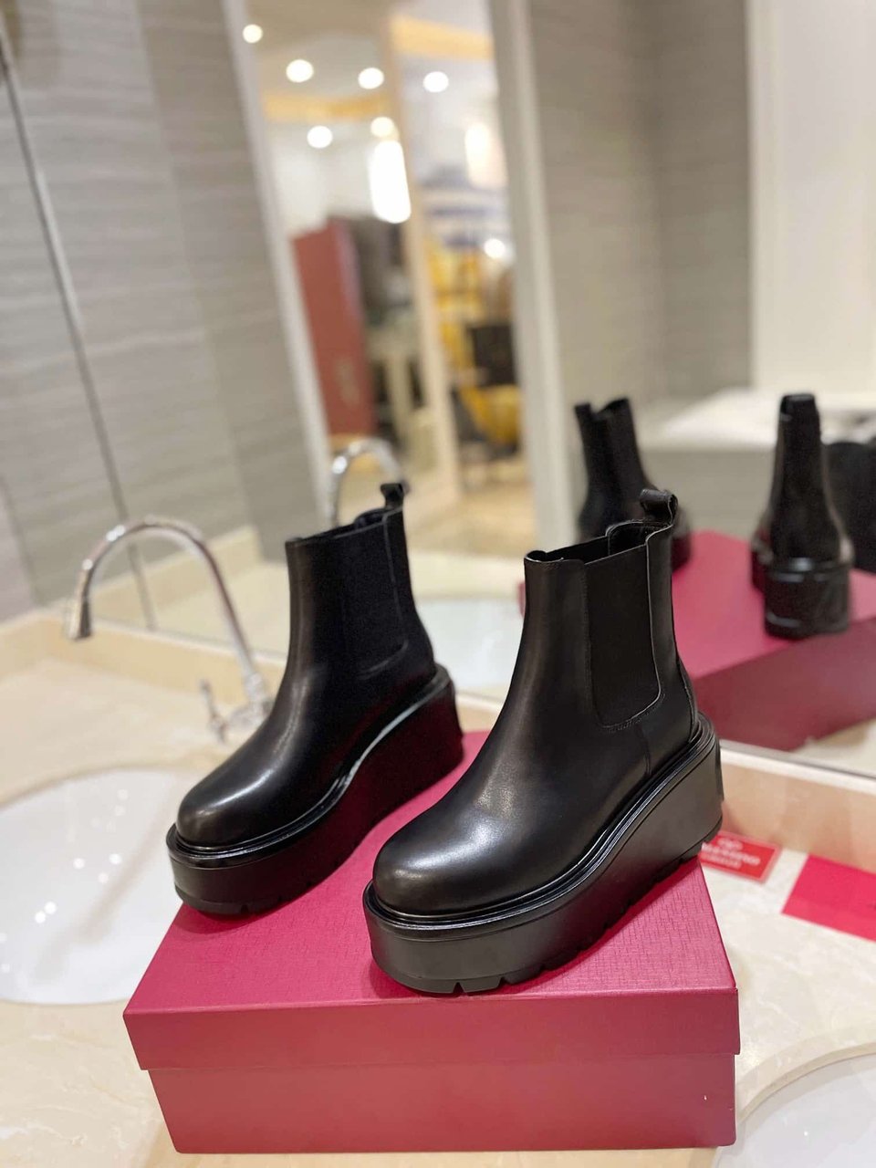 Valentino Garavani Uniqueform V Logo Leather Platform Boots Black view 10