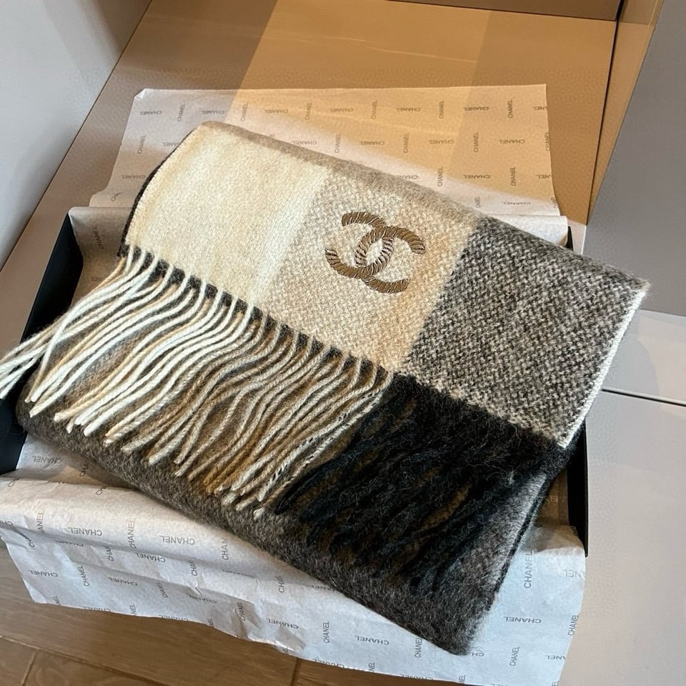 Chanel Cashmere Scarf Colorblock Beige For Women 200cm view 3