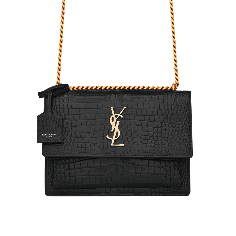 Saint Laurent Sunset Medium In Crocodile Embossed Leather Black 22Cm view 2