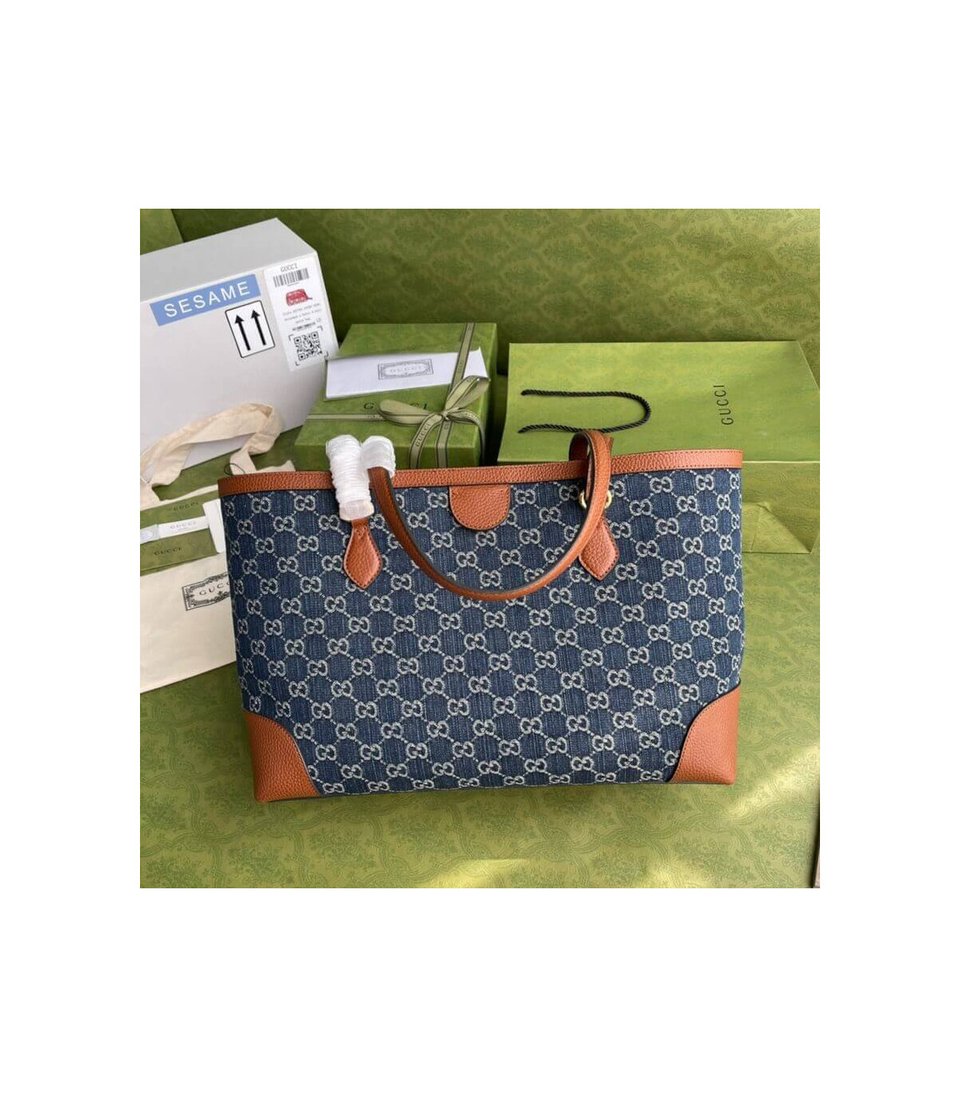 Gucci Indigo &amp; Brown Ophidia Denim Tote 38cm view 5