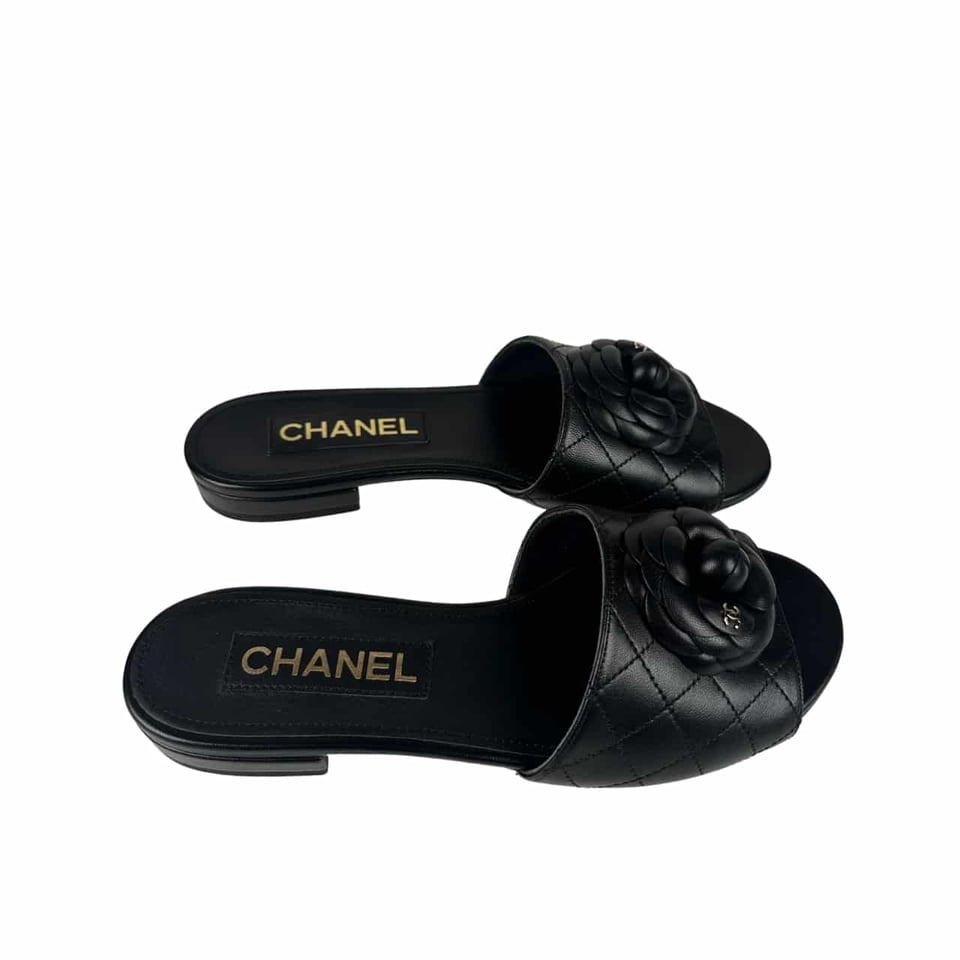 Chanel Camellia Leather Slides Black