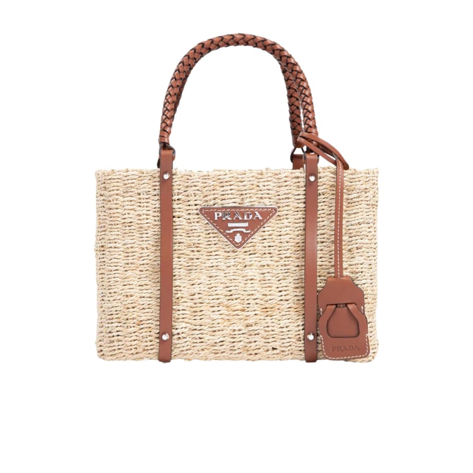 Prada Two Tone Woven Tote Bag In Multi Natural 28Cm