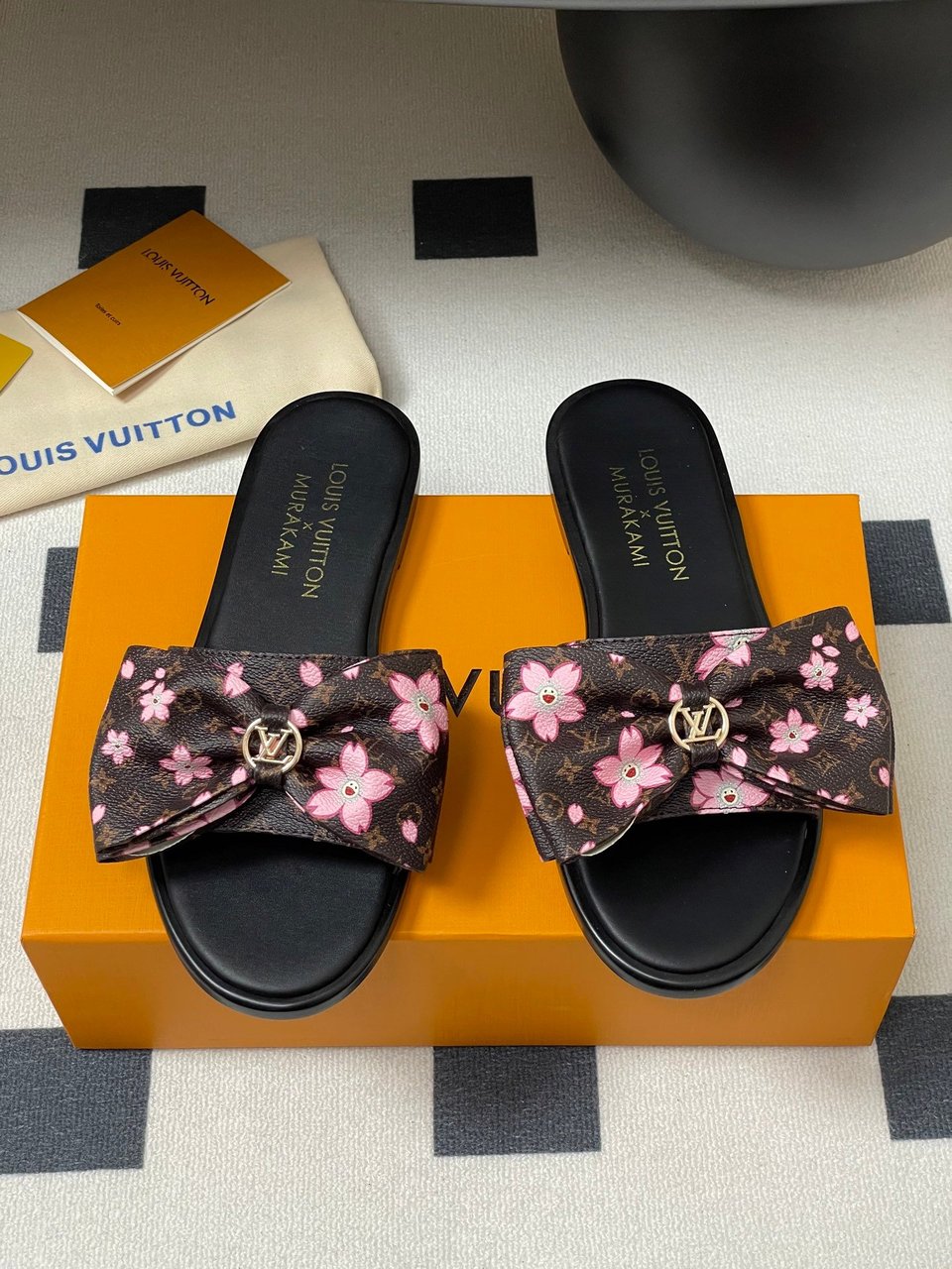 Louis Vuitton x Takashi Murakami Lily Flat Mule Bow Slide Sandals Black 1AGVYA view 8