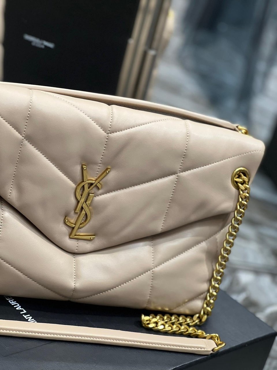 Saint Laurent Puffer Medium Chain Bag In Quilted Beige view 6