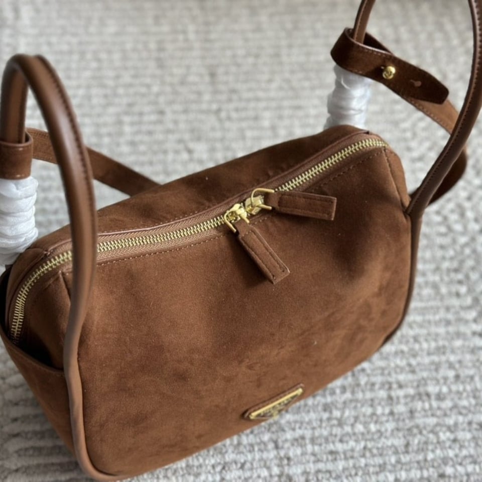 Prada Suede Hand Bag Cocoa Brown 26Cm view 3