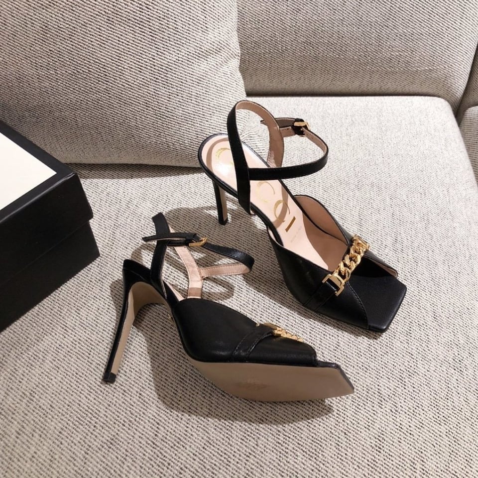 Gucci Ankle Buckle Strap Sylvie Chain Sandals In Black view 8