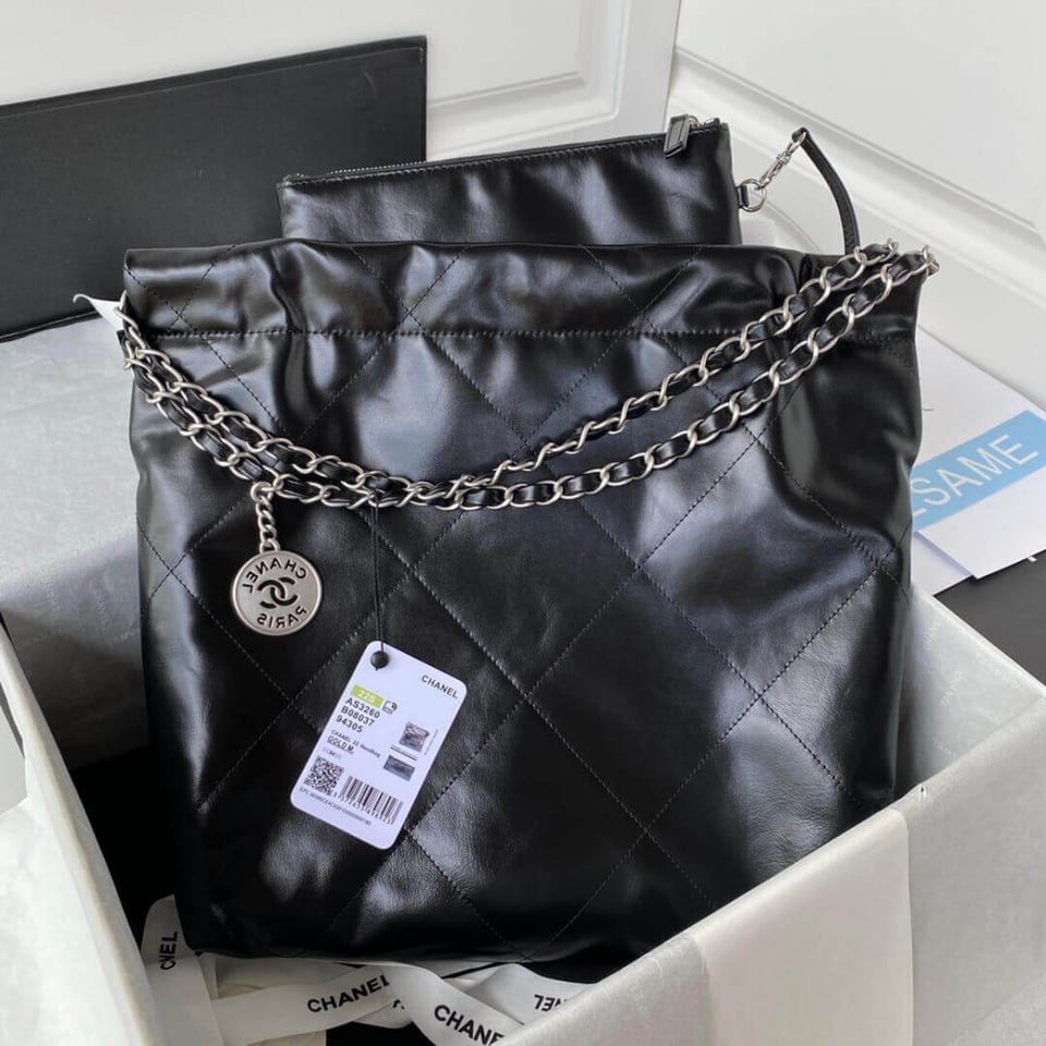 Chanel 22 Small Handbag Shiny Calfskin Black Silver view 3