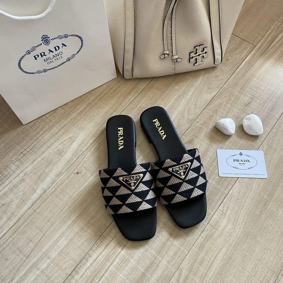 Prada Embroidered Fabric Slides Black White view 9