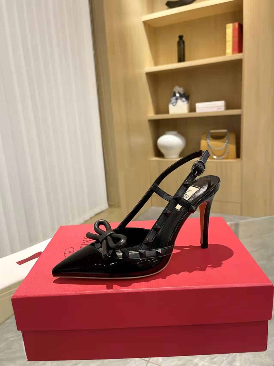Valentino Rockstud Bow 100 Patent Slingback Pump Black view 5