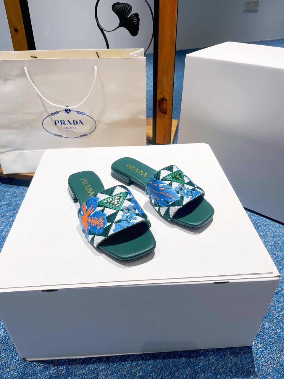 Prada Jacquard Logo Slides Green view 8