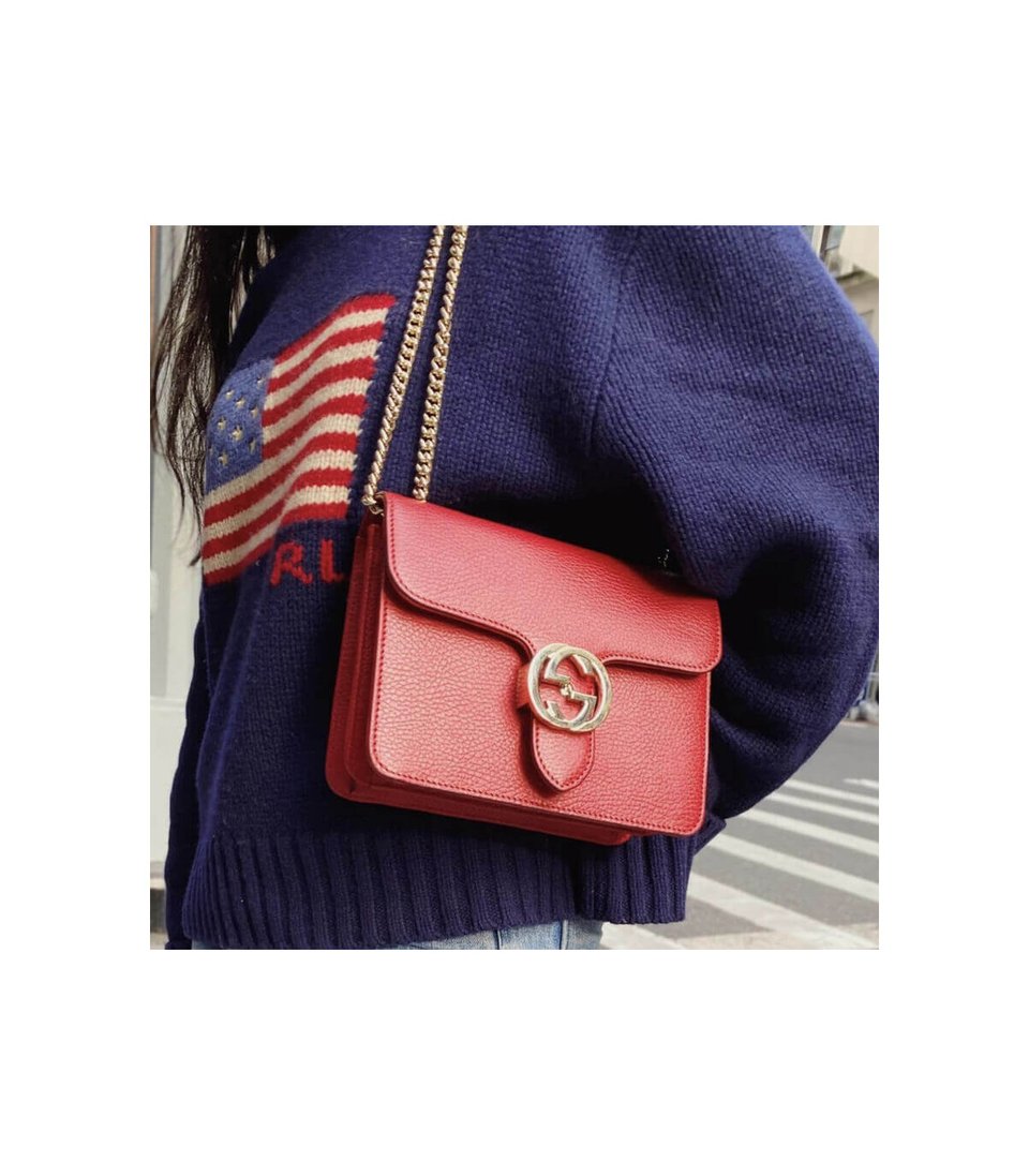 Gucci Interlocking Chain Leather Cross Body Bag Red 25cm view 3