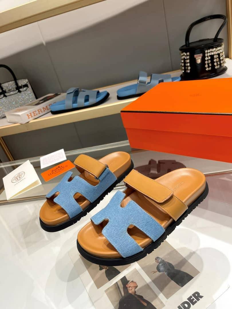 Hermes Chypre Flat Sandals Denim Brown view 6