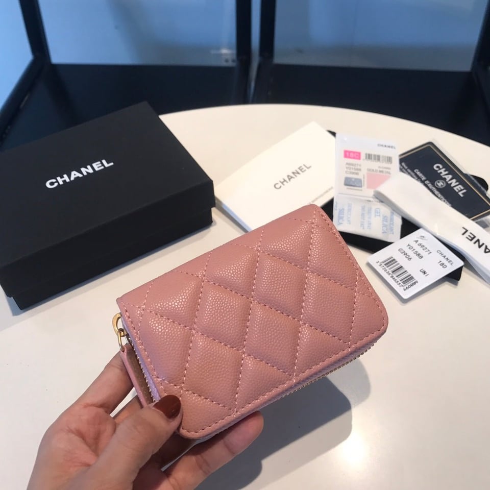 Chanel Zipped Coin Basic Purse 11 Peach Calfskin Gold Icon view 6