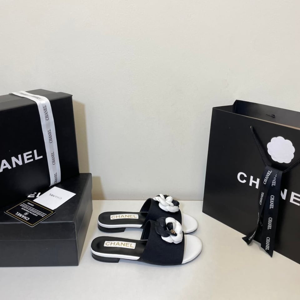 Chanel Camellia Slides Black White view 8