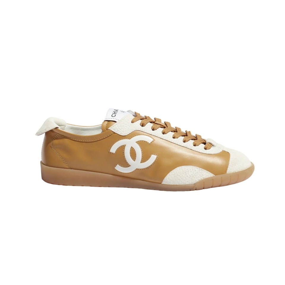 Chanel Calfskin Suede Sneakers with White CC Logo Beige Camel White &amp; Gum G39860