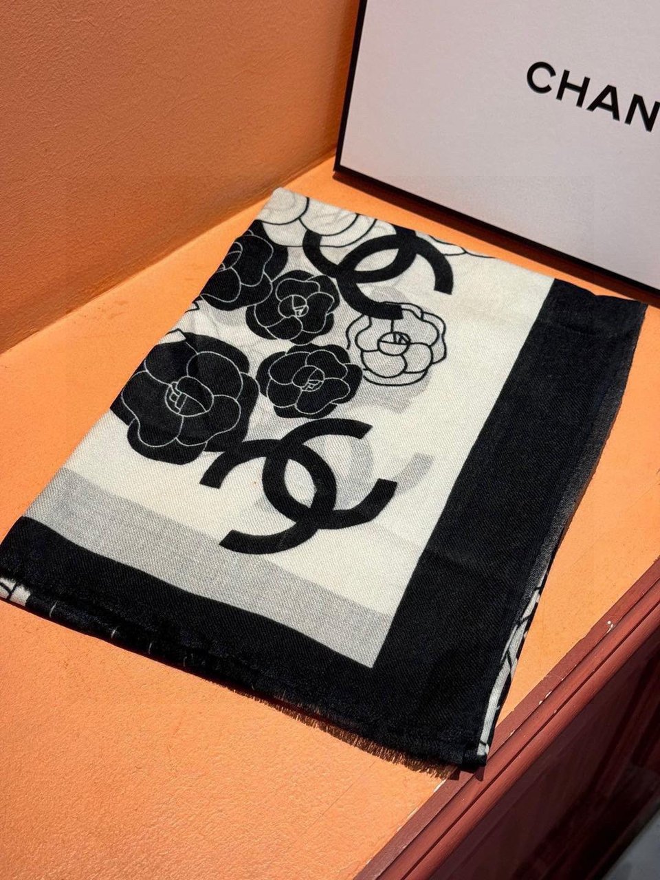 Chanel Silk Shawl Camellia Motif White-Black For Women 200cm view 2