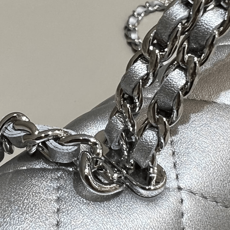 Chanel Lambskin Quilted Chain Top Handle Phone Holder With Chain Silver 18Cm view 7