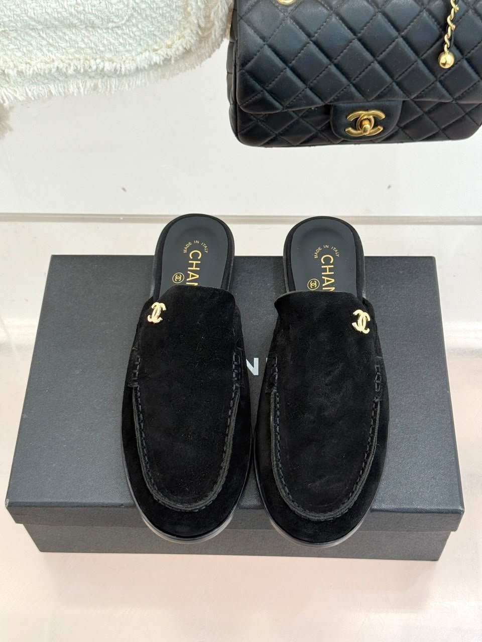 Chanel Suede Velvet Mules with CC Logo Black Suede Calfskin G39838 view 5