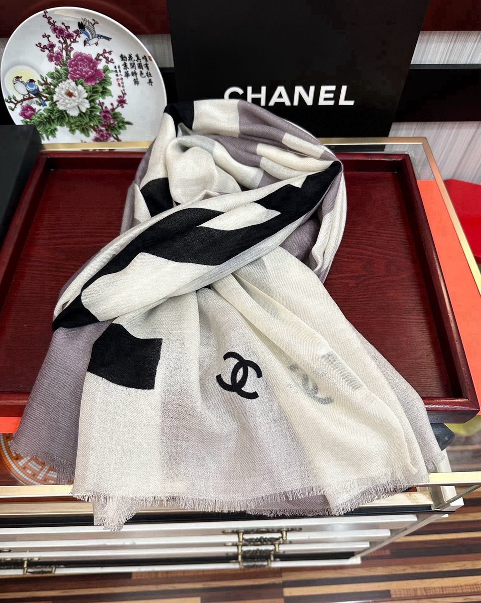 Chanel Silk Shawl CC Logo Colorblock Grey – White For Women 200cm view 2